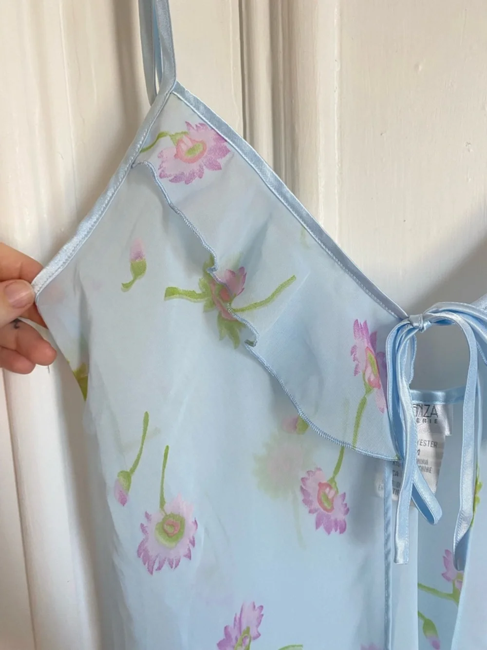 Y2k Vintage Sheer Light Blue Floral Open Front Slip Top with Tie Bow Detail - Picture 4 of 8